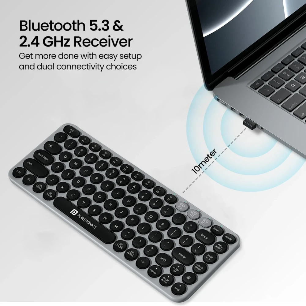 Portronics Bubble 2.0 Wireless Keyboard | Bluetooth & 2.4GHz | Multi-Device TKL Keyboard for Laptop, PC & Tablet - (Grey)