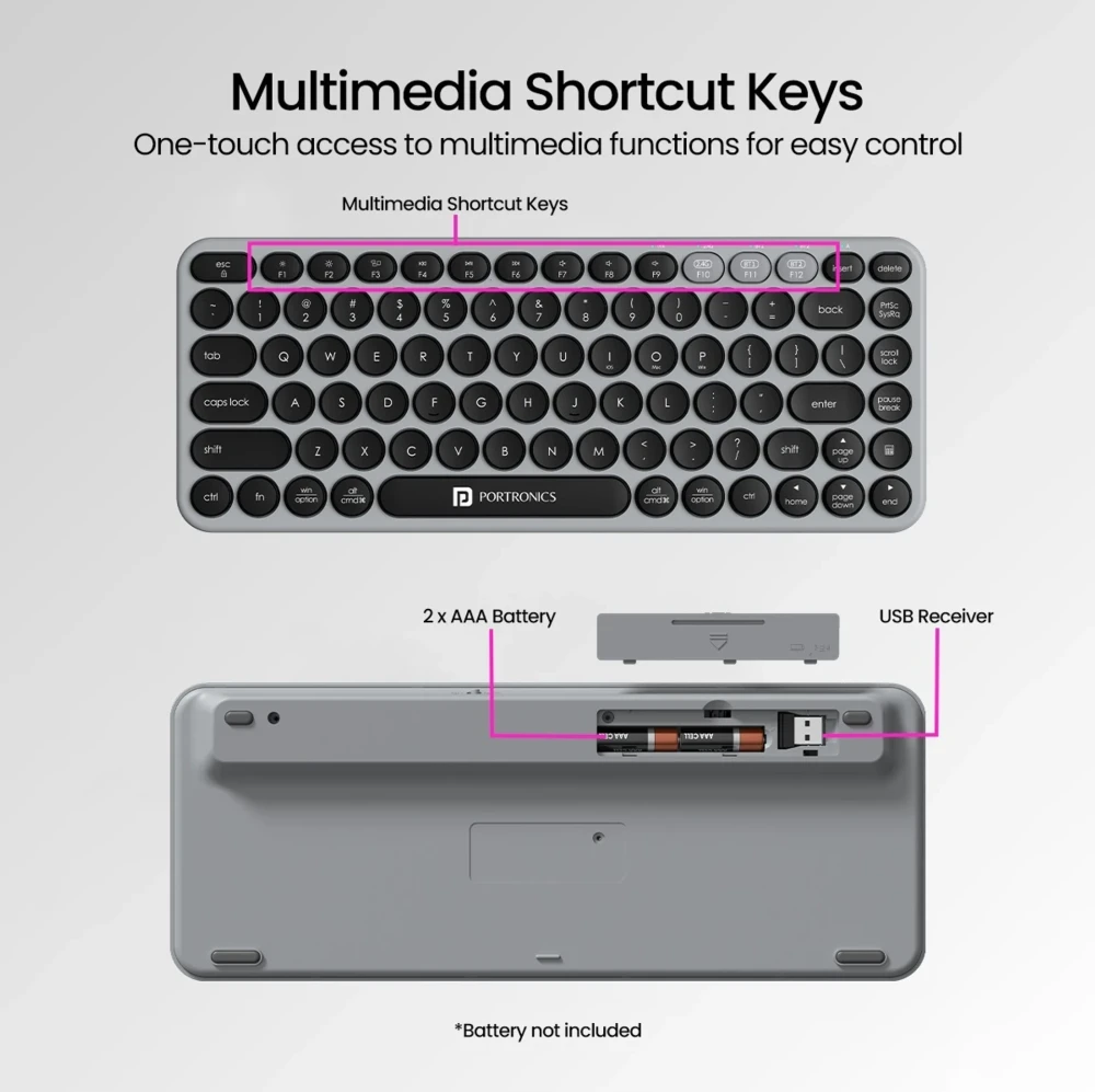 Portronics Bubble 2.0 Wireless Keyboard | Bluetooth & 2.4GHz | Multi-Device TKL Keyboard for Laptop, PC & Tablet - (Grey)