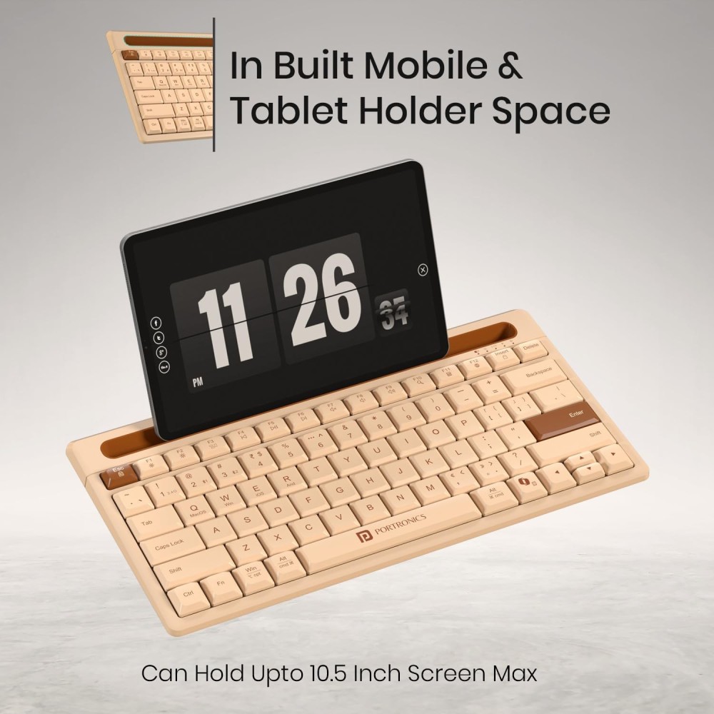Portronics Bubble Dock 2.0 Wireless Keyboard with Bluetooth & 2.4GHz USB Receiver | Height Adjustable, Multimedia Hotkeys, Co-Pilot Key - (Beige)