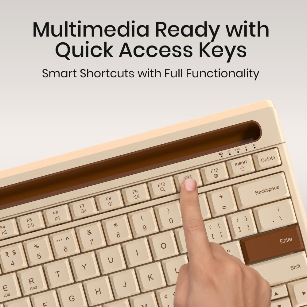 Portronics Bubble Dock 2.0 Wireless Keyboard with Bluetooth & 2.4GHz USB Receiver | Height Adjustable, Multimedia Hotkeys, Co-Pilot Key - (Beige)