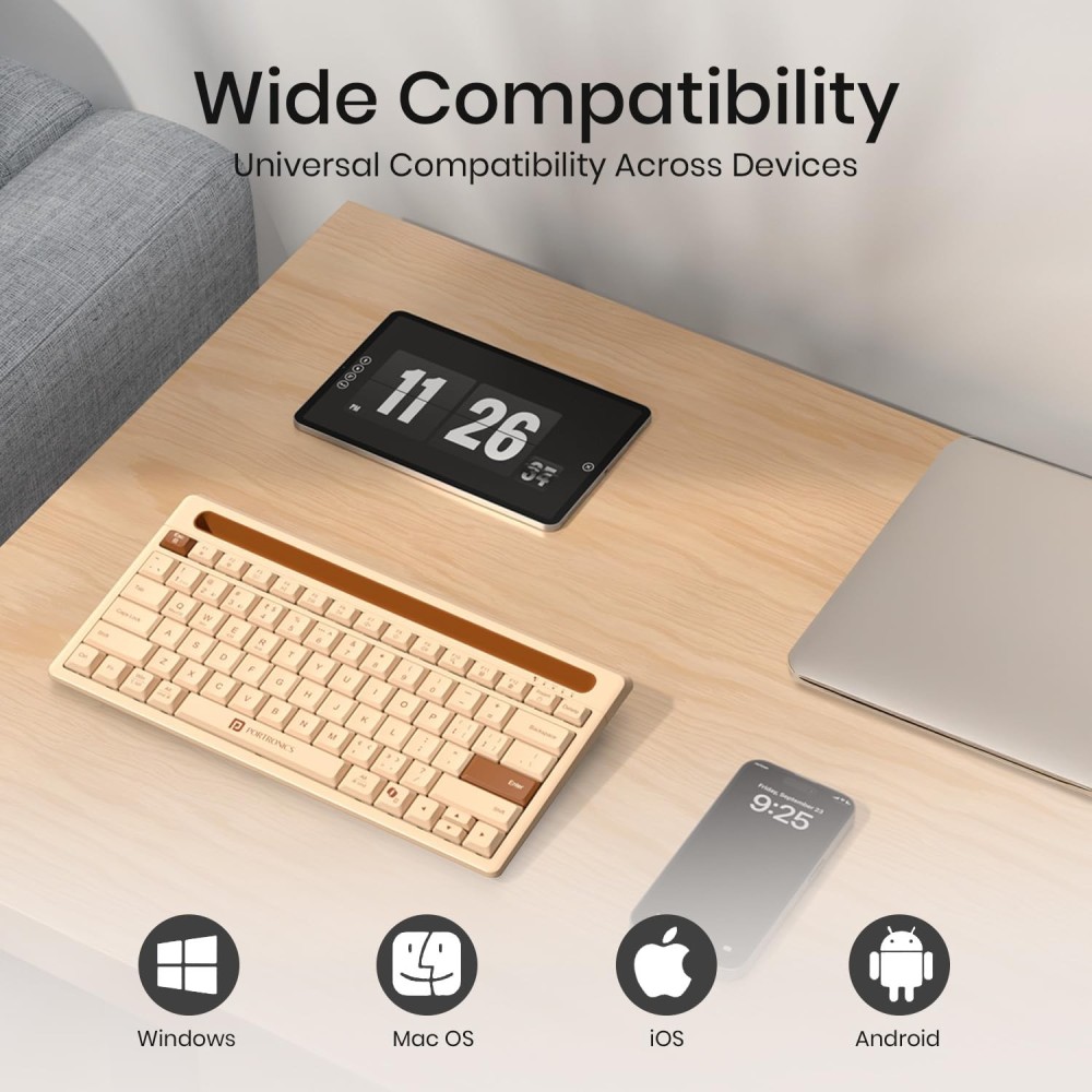 Portronics Bubble Dock 2.0 Wireless Keyboard with Bluetooth & 2.4GHz USB Receiver | Height Adjustable, Multimedia Hotkeys, Co-Pilot Key - (Beige)