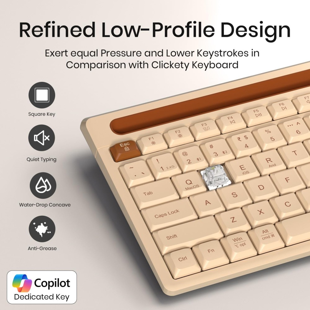 Portronics Bubble Dock 2.0 Wireless Keyboard with Bluetooth & 2.4GHz USB Receiver | Height Adjustable, Multimedia Hotkeys, Co-Pilot Key - (Beige)