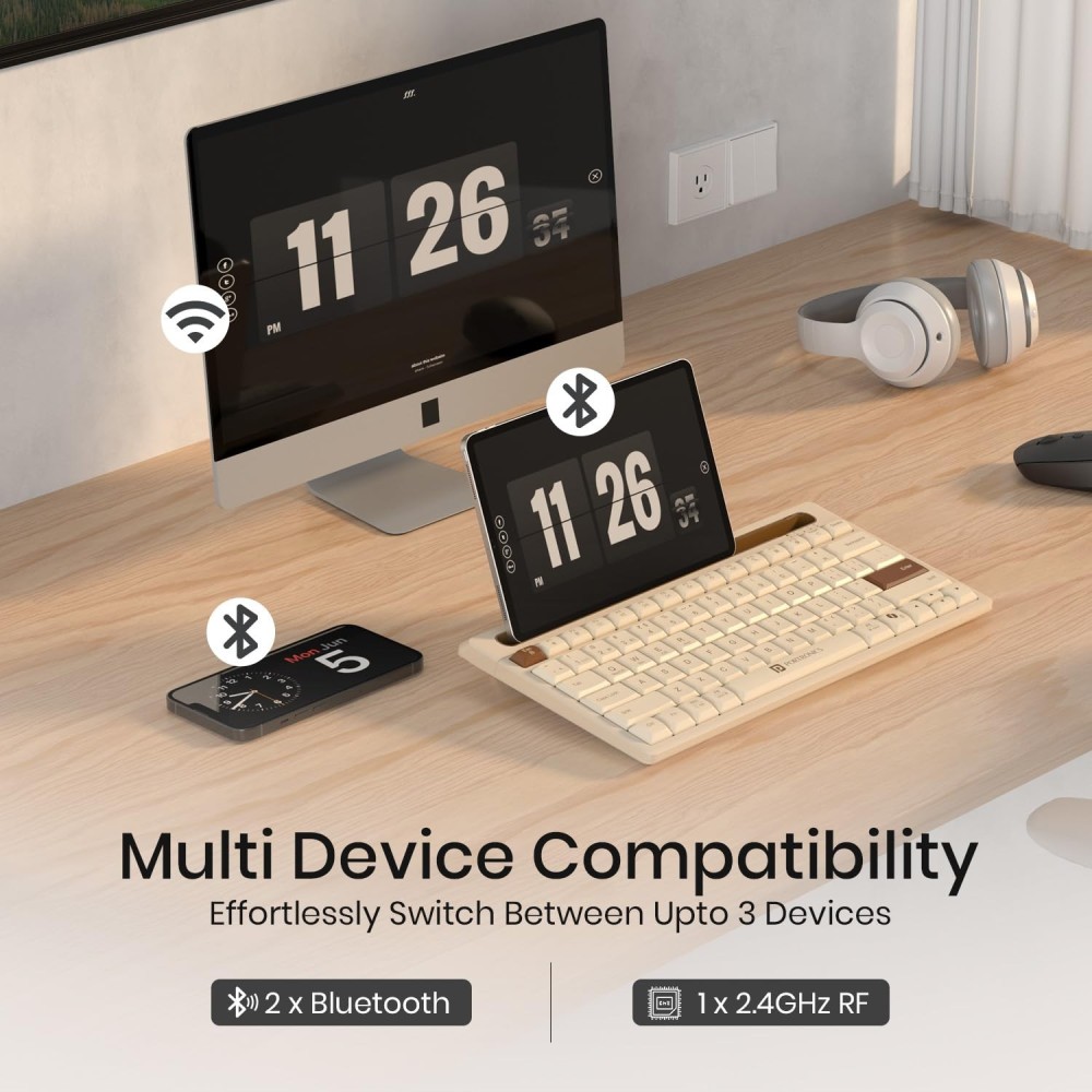 Portronics Bubble Dock 2.0 Wireless Keyboard with Bluetooth & 2.4GHz USB Receiver | Height Adjustable, Multimedia Hotkeys, Co-Pilot Key - (Beige)