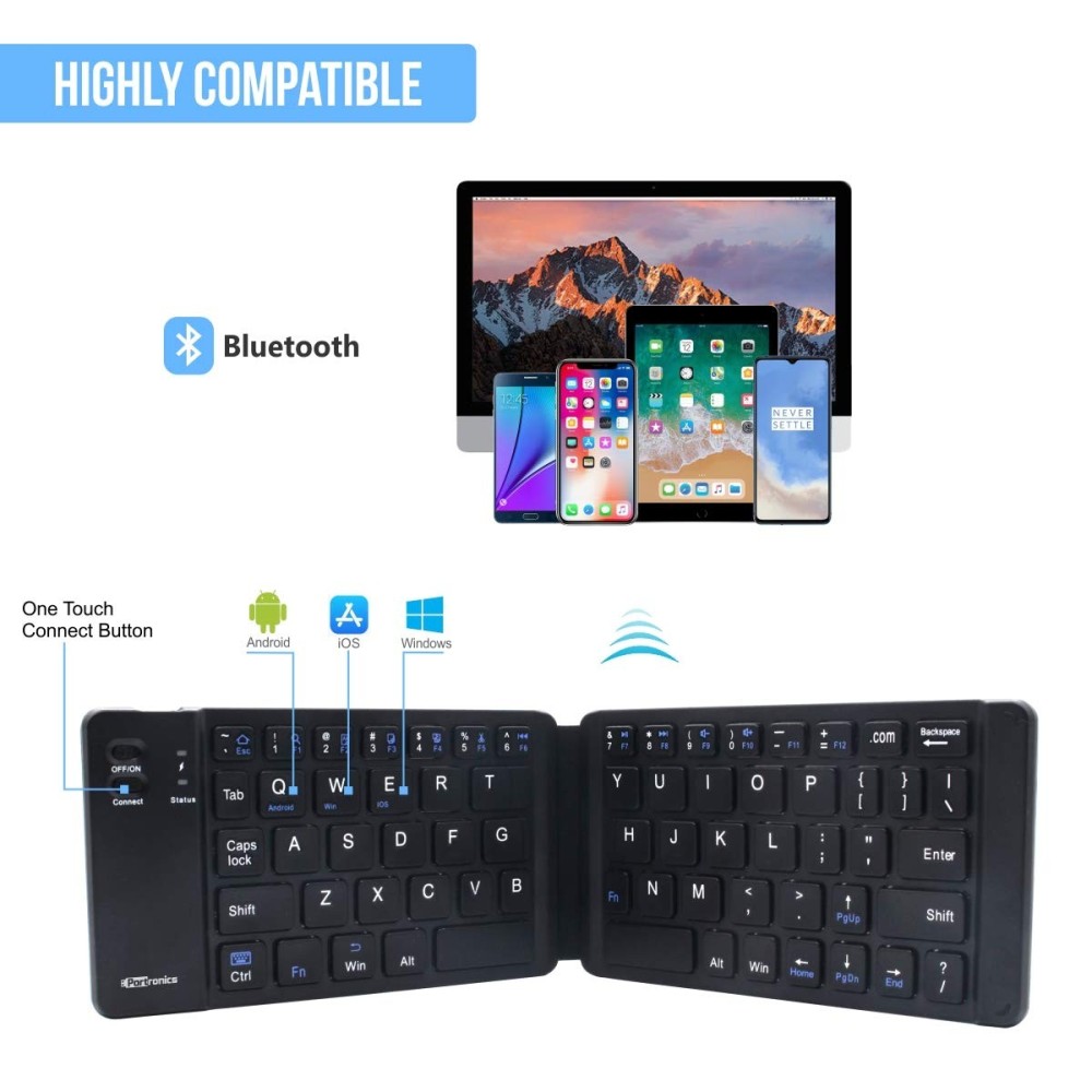 Portronics Chicklet Foldable Bluetooth QWERTY Keyboard | Mini Rechargeable Wireless Keyboard for iOS, Android & Windows | Pocket Size - (Black)