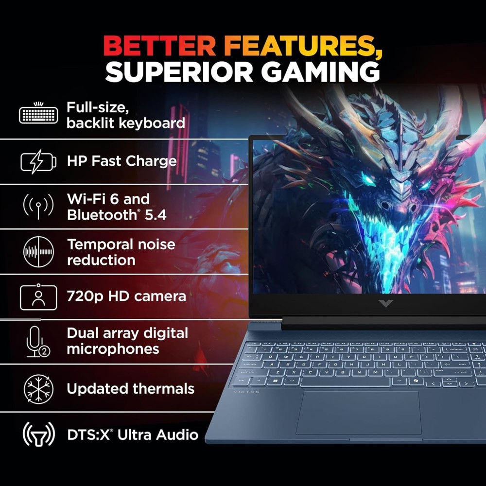 HP Victus Gaming Laptop with AMD Ryzen 7 7445HS, 16GB DDR5 RAM, 512GB SSD, NVIDIA GeForce RTX 2050 4GB Graphics, 15.6-inch FHD 144Hz IPS 300-Nits Display, Backlit Keyboard, Windows 11 (FB3189AX) – (Blue)