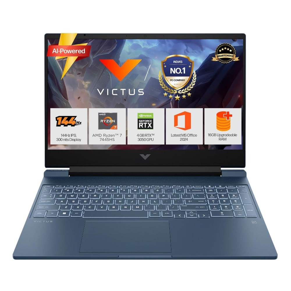 HP Smartchoice Victus Gaming Laptop with AMD Ryzen 7 7445HS, NVIDIA GeForce RTX 3050 6GB Graphics, 16GB DDR5 RAM, 512GB SSD, 15.6-inch FHD 144Hz Display, Windows 11 & Microsoft Office (fb3134AX/3120AX) – (Blue)