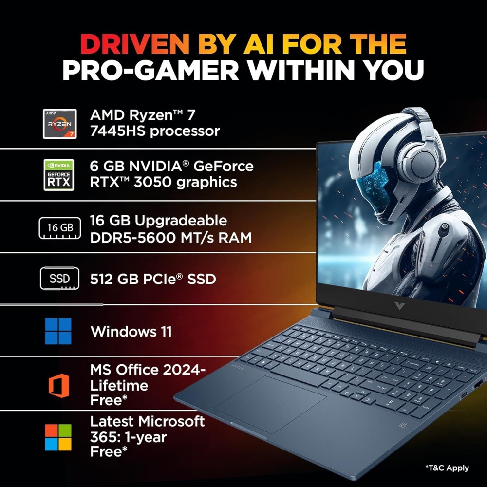 HP Smartchoice Victus Gaming Laptop with AMD Ryzen 7 7445HS, NVIDIA GeForce RTX 3050 6GB Graphics, 16GB DDR5 RAM, 512GB SSD, 15.6-inch FHD 144Hz Display, Windows 11 & Microsoft Office (fb3134AX/3120AX) – (Blue)
