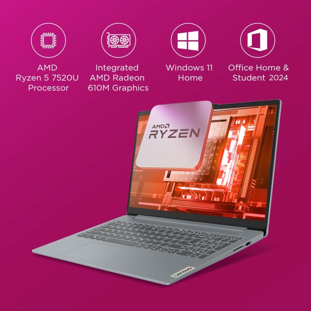 Lenovo Ideapad Slim 3 AMD Ryzen 5 7520U 15.6" (39.6cm) FHD Thin and Light Laptop (16GB/512GB SSD/Windows 11/Microsoft 365 Basic + Office Home 2024/Backlit Keyboard/Grey/1.6Kg), 82XQ00XDIN.