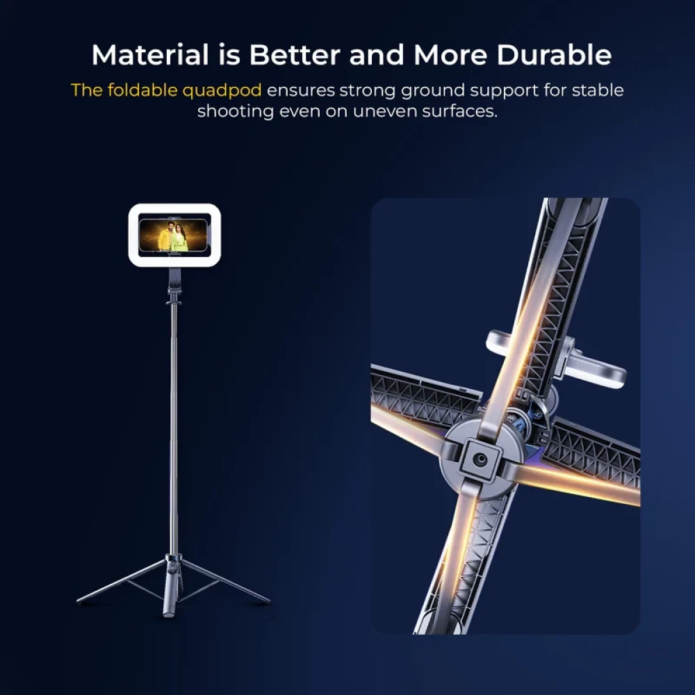 Digitek (DTR 630 SS) Extendable Tripod Selfie Stick with Fill Light, Quadpod Base, Wireless Remote, 5.25ft Max Height, 6-Section Telescopic Rod, 360° Rotation, 1Kg Load, Compatible with Andro