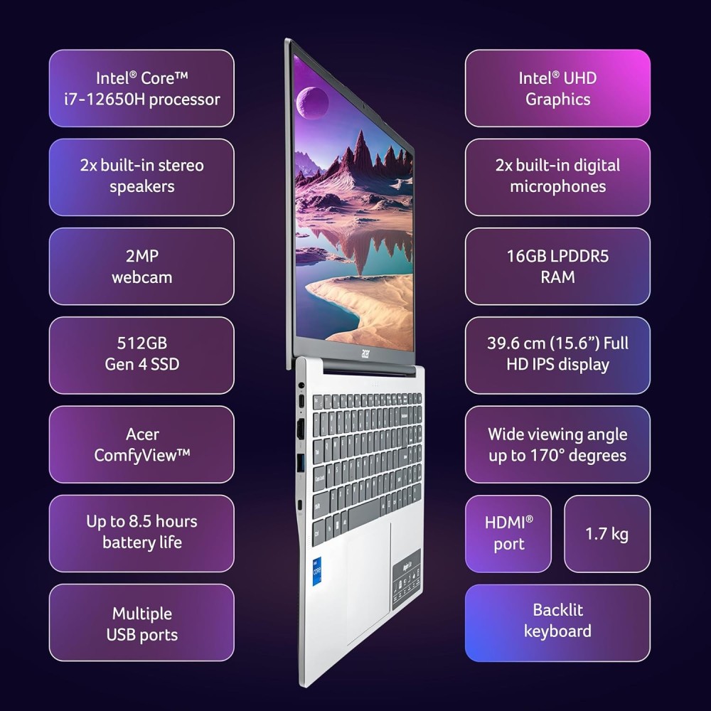 Acer Aspire Lite Intel Core i7 12th Gen 12650H - (16 GB/1 TB SSD/Windows 11 Home) AL15-52H Thin and Light Laptop (15.6 Inch, Pure Silver, 1.70 Kg, With MS Office)