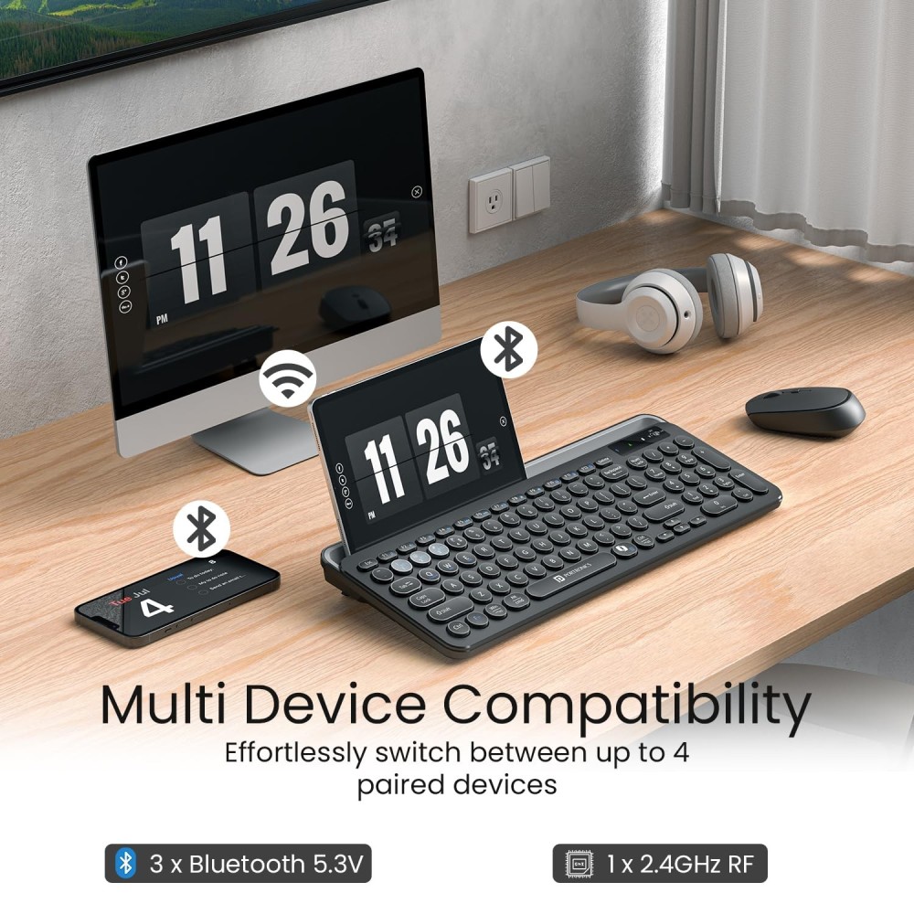 Portronics Bubble 3.0 Wireless Keyboard with Bluetooth & 2.4GHz USB Receiver | Rechargeable, Multimedia Hotkeys, Numpad - (Black)