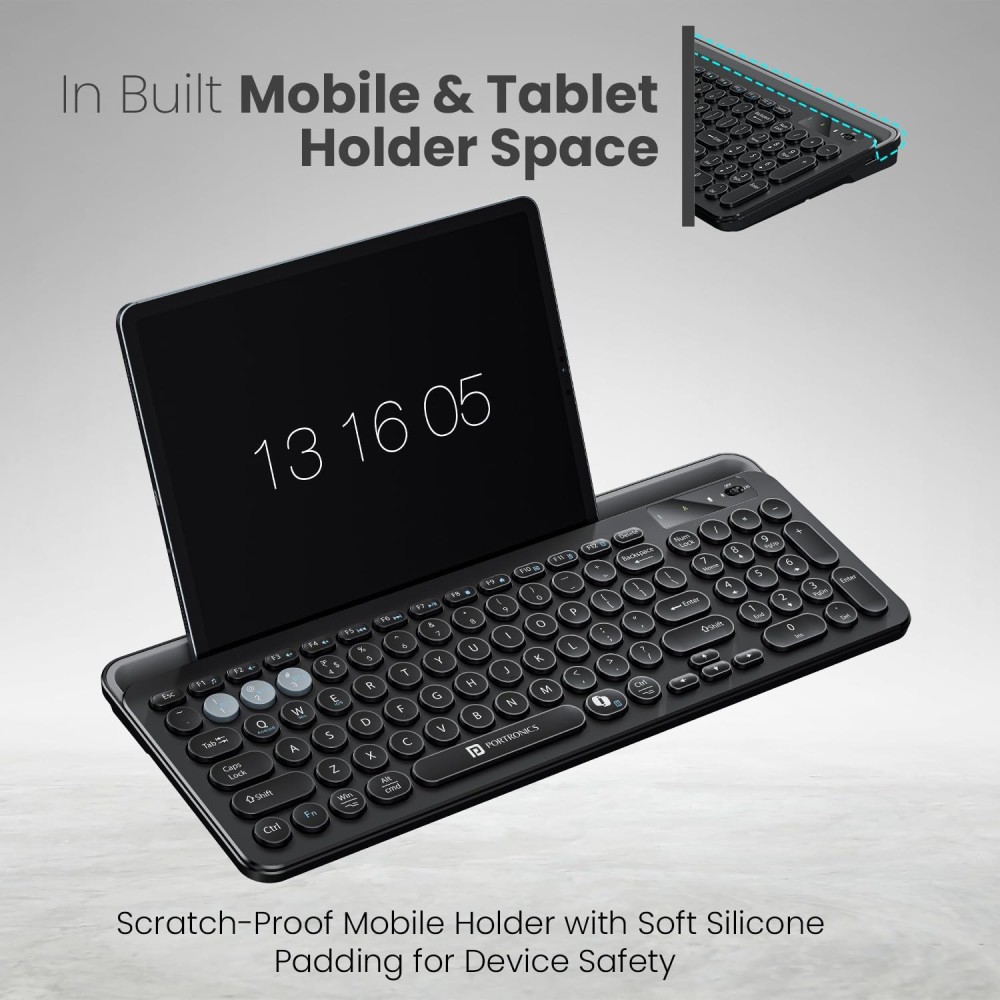 Portronics Bubble 3.0 Wireless Keyboard with Bluetooth & 2.4GHz USB Receiver | Rechargeable, Multimedia Hotkeys, Numpad - (Black)