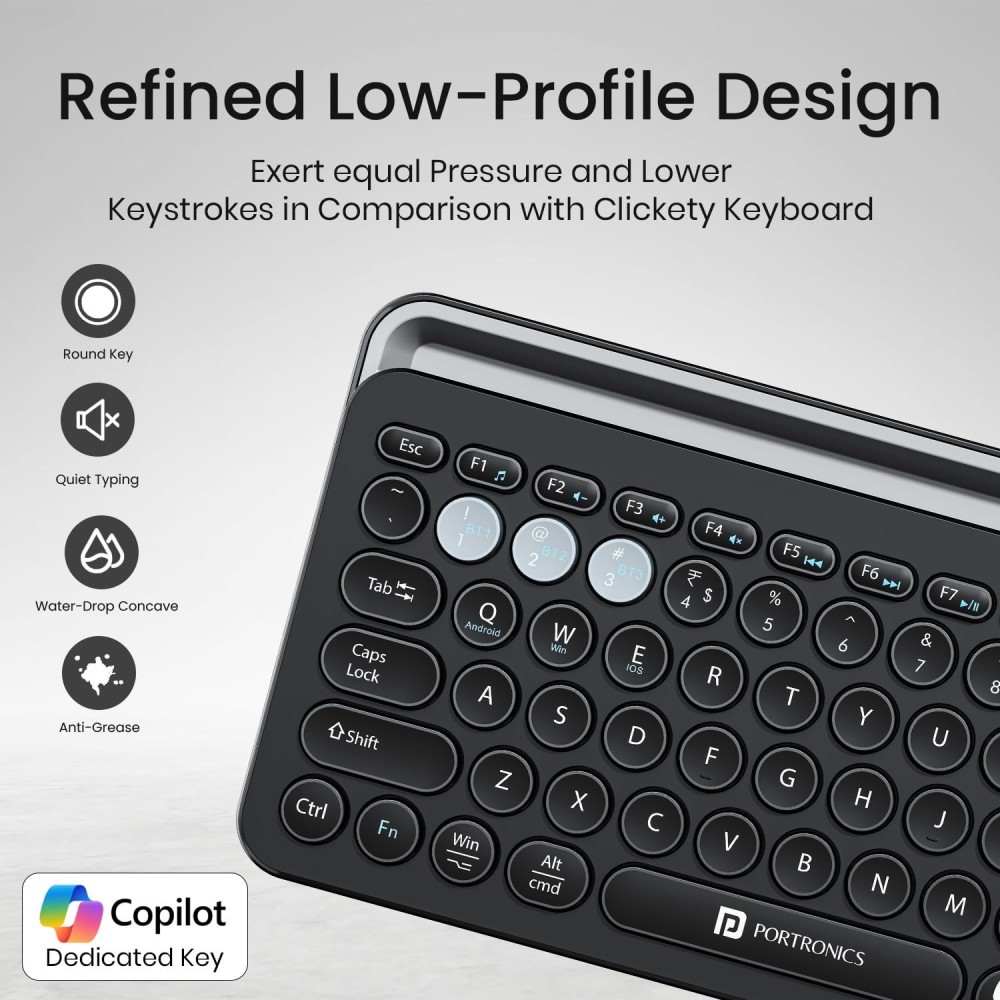 Portronics Bubble 3.0 Wireless Keyboard with Bluetooth & 2.4GHz USB Receiver | Rechargeable, Multimedia Hotkeys, Numpad - (Black)