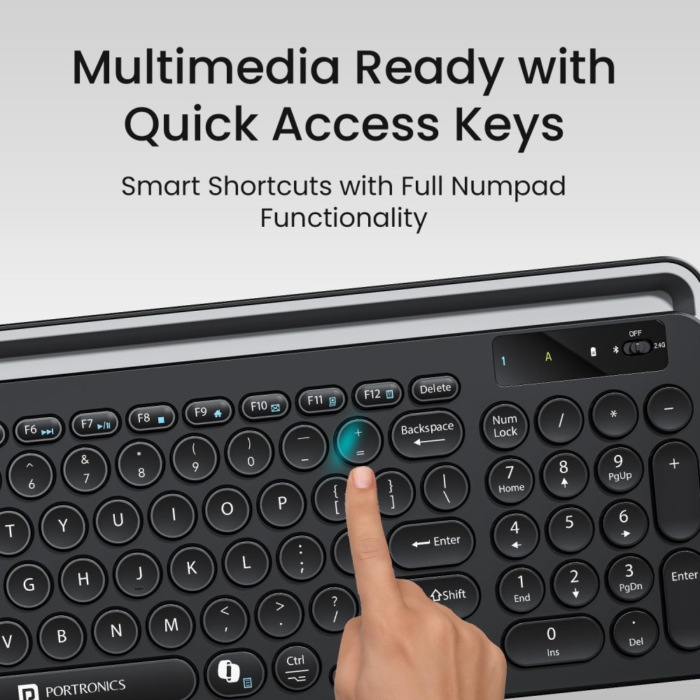 Portronics Bubble 3.0 Wireless Keyboard with Bluetooth & 2.4GHz USB Receiver | Rechargeable, Multimedia Hotkeys, Numpad - (Black)