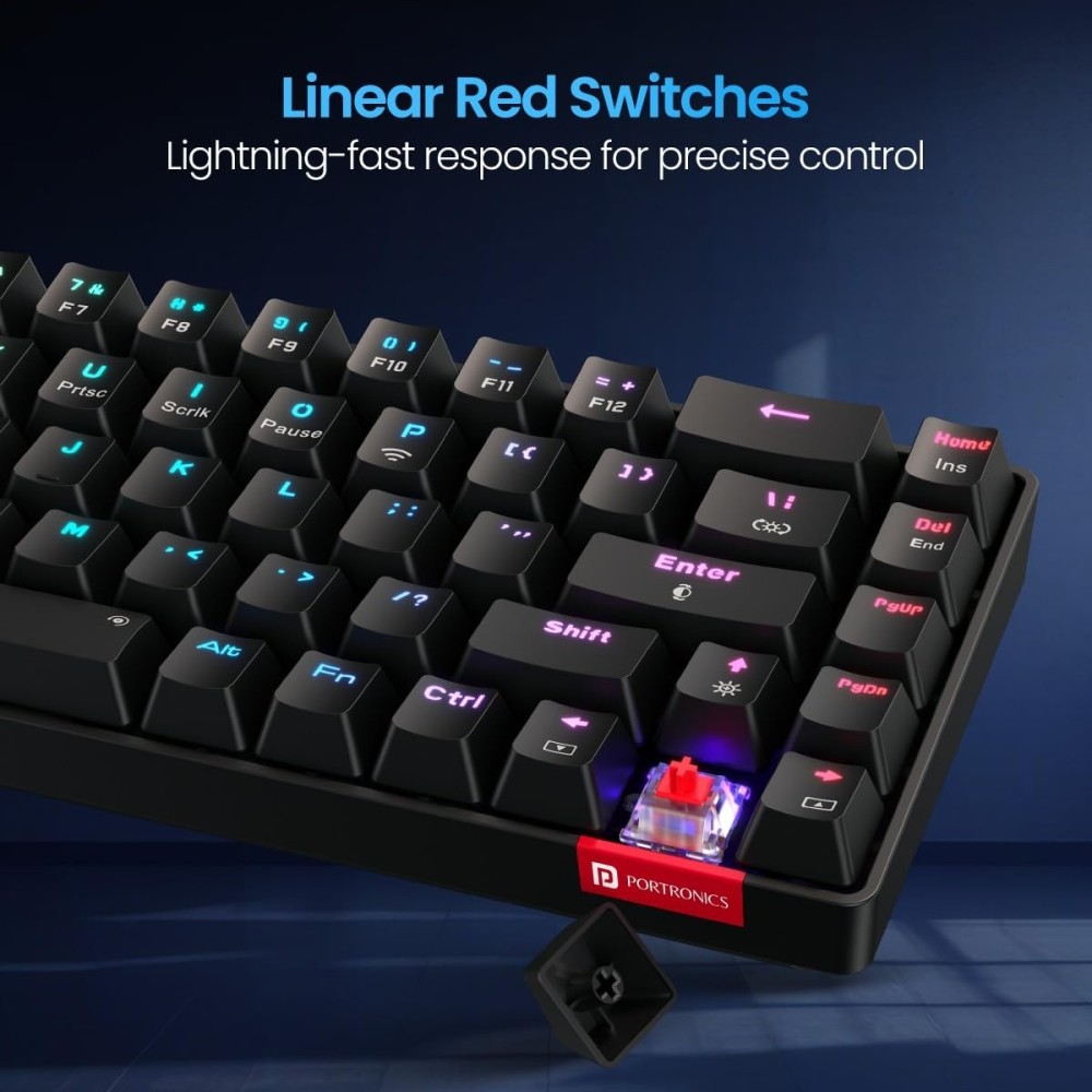 Portronics Hydra 10 Wireless Mechanical Gaming Keyboard | Bluetooth & 2.4GHz | Red Switches | TKL RGB Backlit | Multi-Device - (Black)