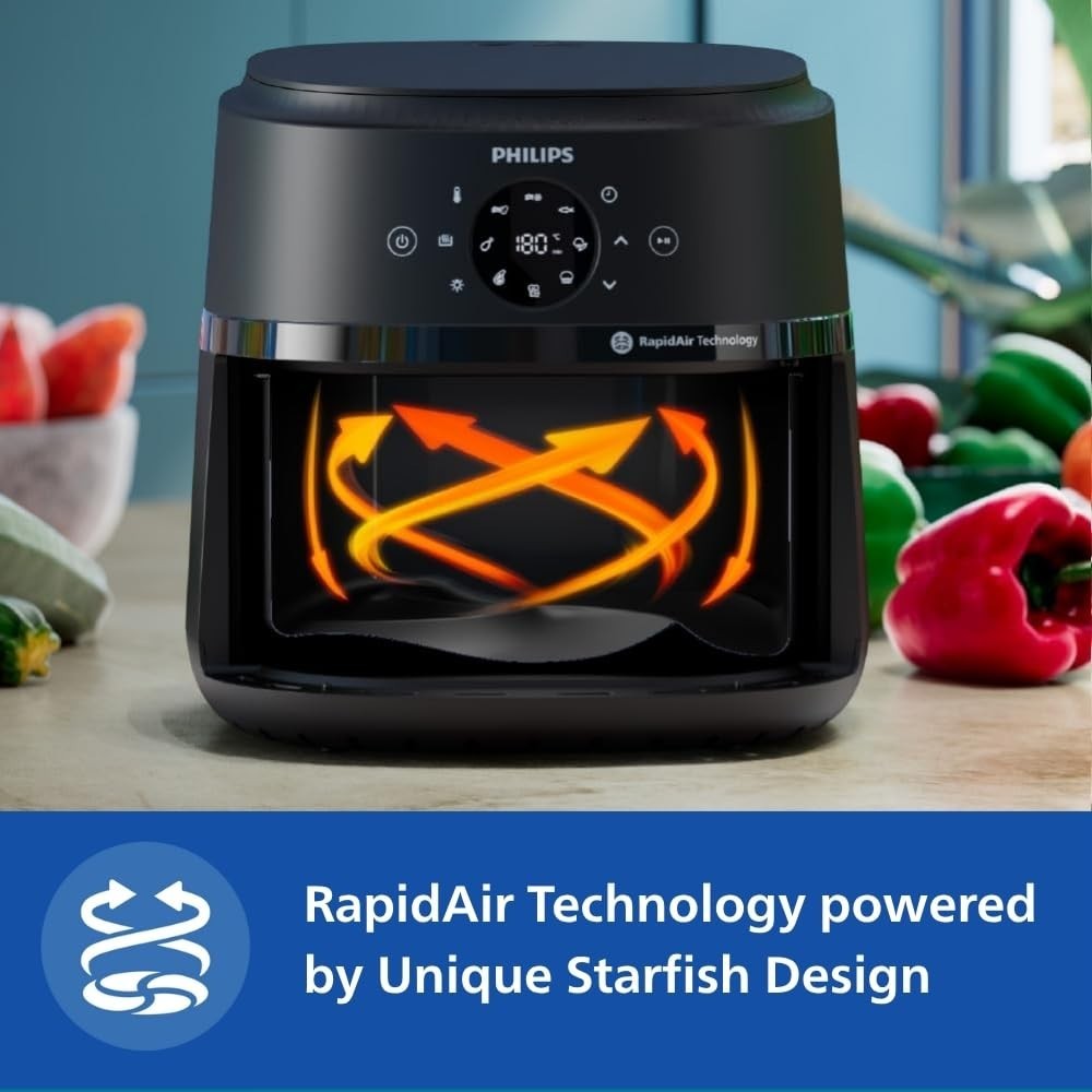 Philips Air Fryer NA231/00 6.2L 1700W Digital Touch Panel | Rapid Air Technology | Cooking Window | 90% Less Fat | Extra Large - (Black)