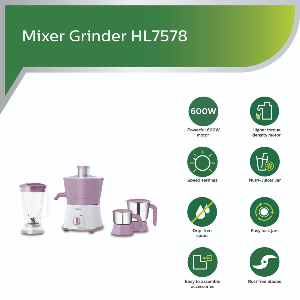 Philips Viva Collection HL7581/00 Juicer Mixer Grinder | 600W Turbo Motor | 4 Jars