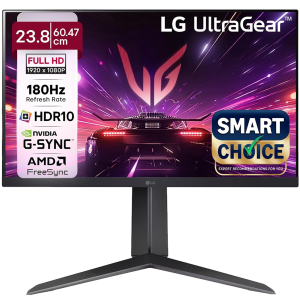 LG 24GS65F Smartchoice 60.47cm (23.8Inch) Ultragear FHD (1920x1080) IPS Gaming Monitor, 180Hz, 1ms, NVIDIA G-SYNC Compatible, AMD FreeSync, DP, HDMI, Tilt/Height/Pivot Adjustable, Anti-Glare 