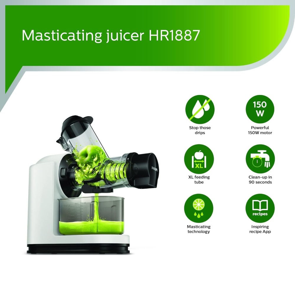 Philips Viva Collection HR1887/81 Masticating Cold Press Slow Juicer , 70mm XL Feed Tube & Quick Clean , Maximum Nutrition
