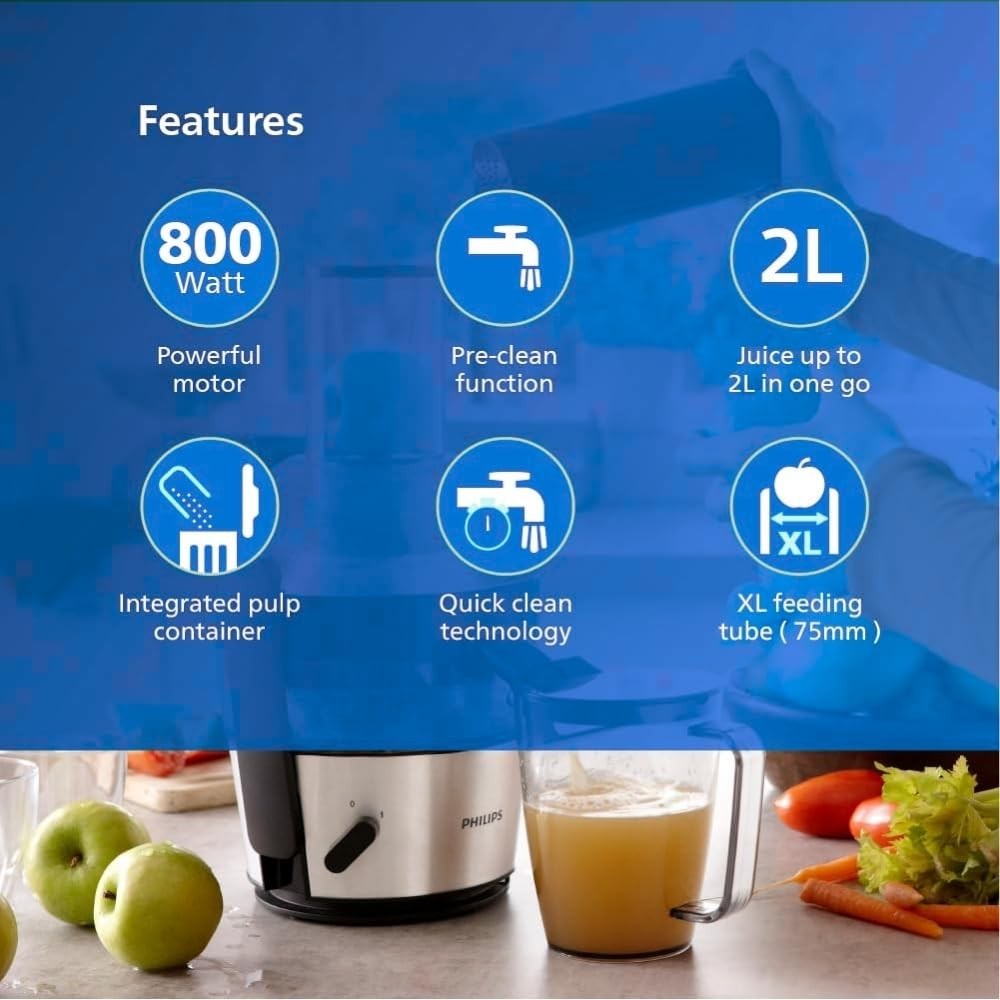 Philips Viva Collection HR1863/20 Centrifugal Juicer 800W | Whole Fruit Juicer with XL Feeding Tube, QuickClean Technology, 2L Capacity - (Black & Silver)