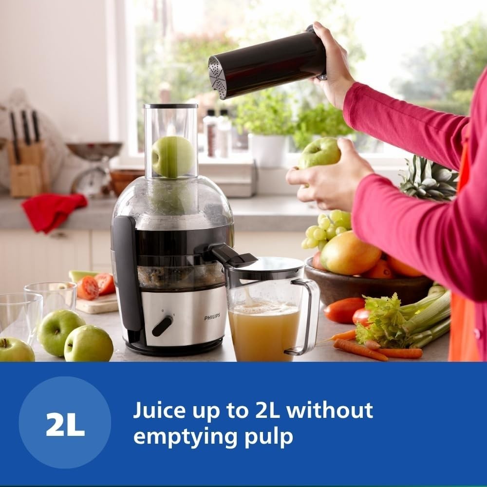 Philips Viva Collection HR1863/20 Centrifugal Juicer 800W | Whole Fruit Juicer with XL Feeding Tube, QuickClean Technology, 2L Capacity - (Black & Silver)