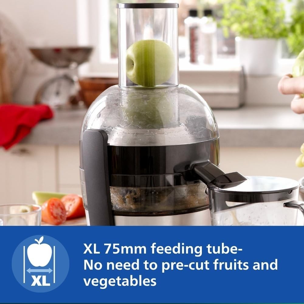 Philips Viva Collection HR1863/20 Centrifugal Juicer 800W | Whole Fruit Juicer with XL Feeding Tube, QuickClean Technology, 2L Capacity - (Black & Silver)