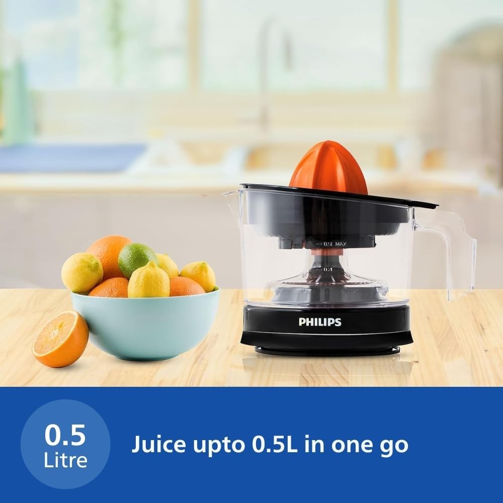 Philips Citrus Press Juicer HR2777/00 0.5L , 25W Citrus Juicer with 2 Sized Cones for Maximum Juice Extraction
