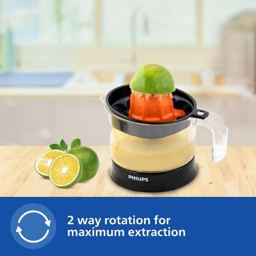 Philips Citrus Press Juicer HR2777/00 0.5L , 25W Citrus Juicer with 2 Sized Cones for Maximum Juice Extraction