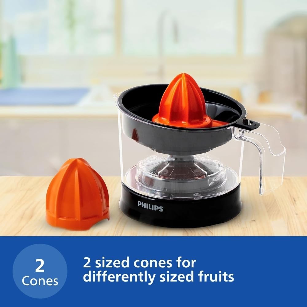 Philips Citrus Press Juicer HR2777/00 0.5L , 25W Citrus Juicer with 2 Sized Cones for Maximum Juice Extraction