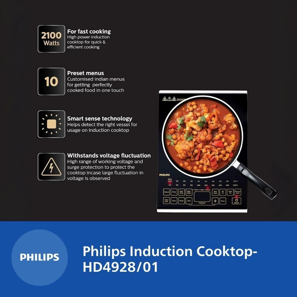 Philips Viva Collection HD4938/01 2100W Glass Induction Cooktop , Sensor Touch , Full Crystal Glass - (Black)