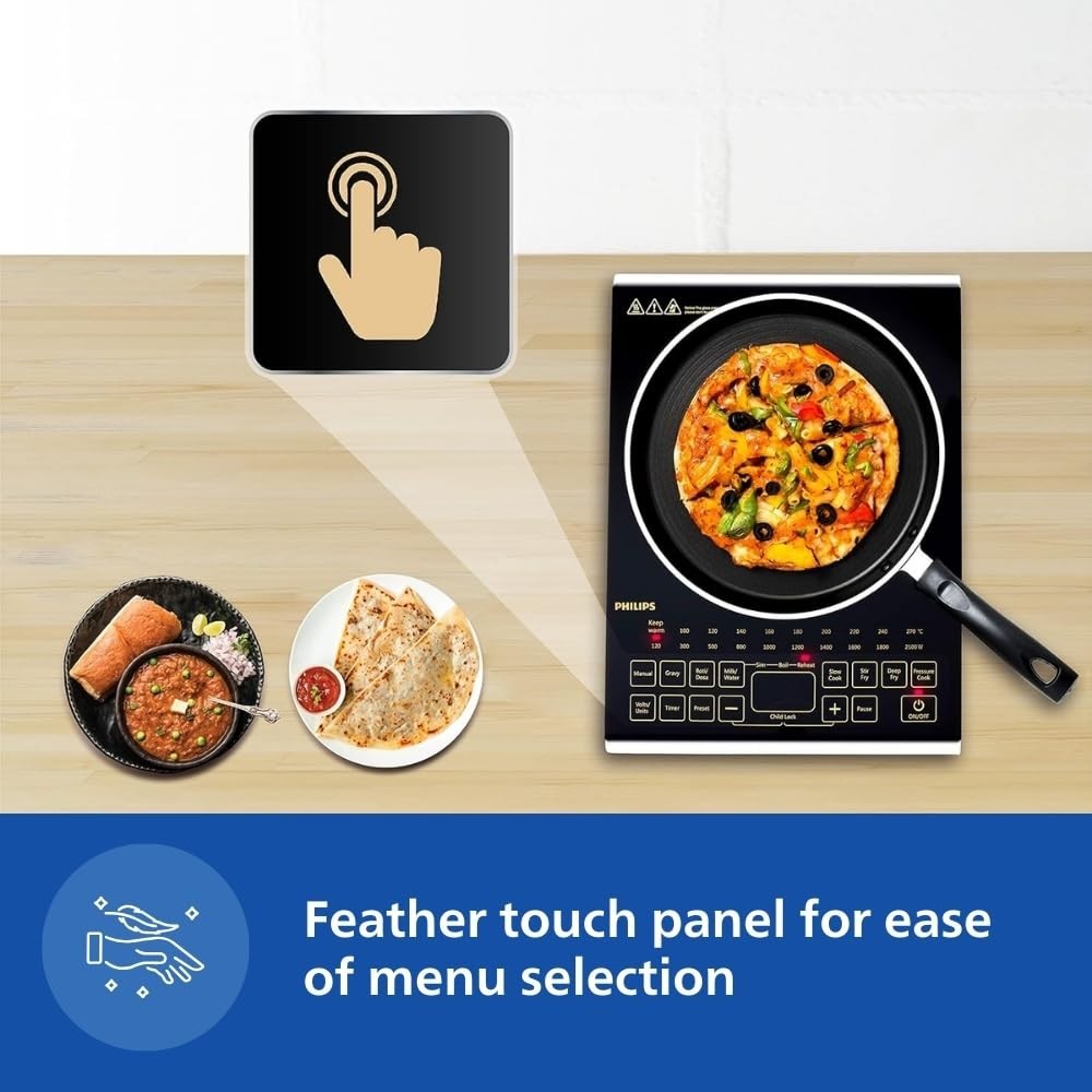 Philips Viva Collection HD4938/01 2100W Glass Induction Cooktop , Sensor Touch , Full Crystal Glass - (Black)