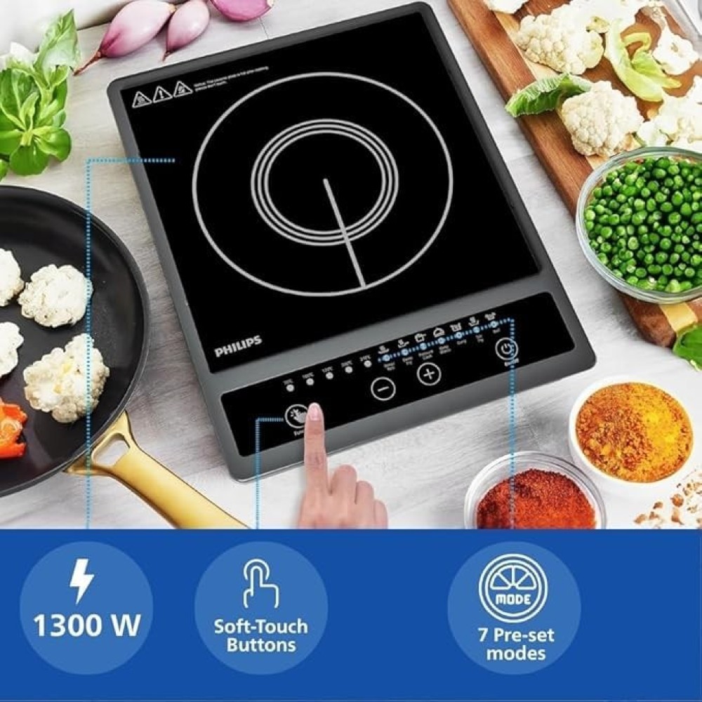 Philips HD4944/00 1500W Induction Cooktop, Push Button Control - (Blue & Black)