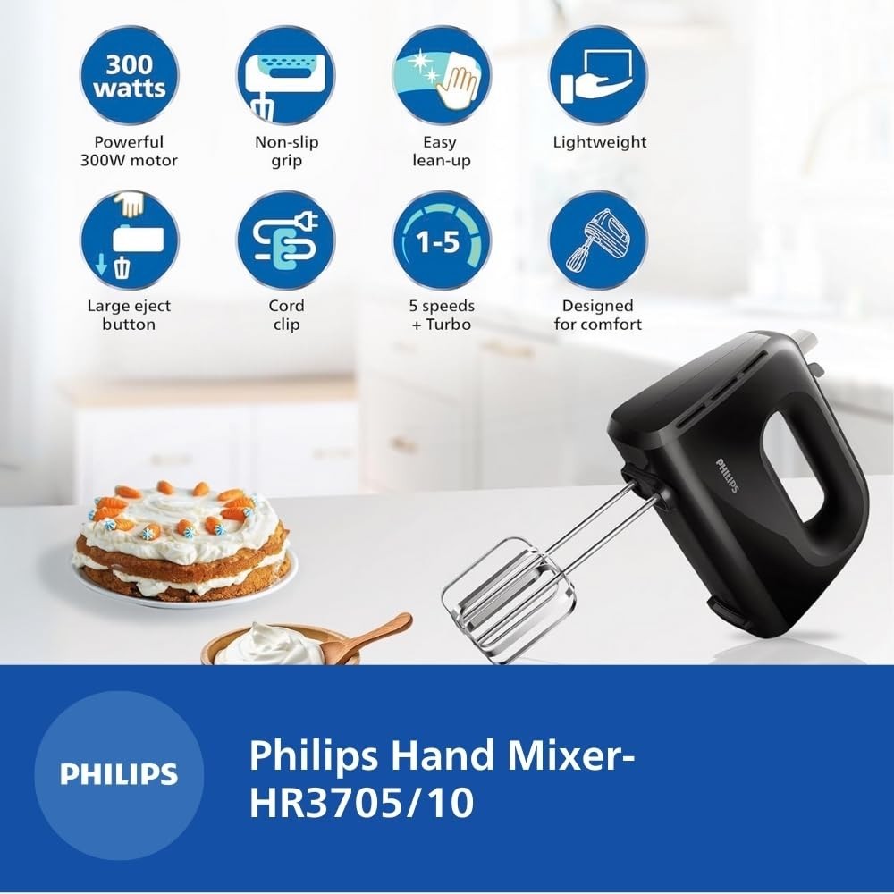 Philips HR3705/10 300W Lightweight Hand Mixer Blender with 5 Speed Control, Stainless Steel Accessories – (Black)