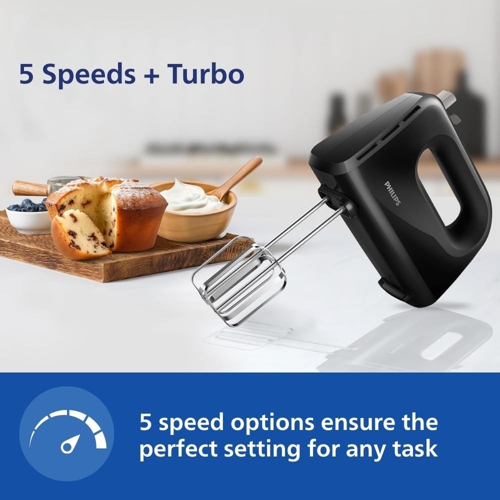Philips HR3705/10 300W Lightweight Hand Mixer Blender with 5 Speed Control, Stainless Steel Accessories – (Black)