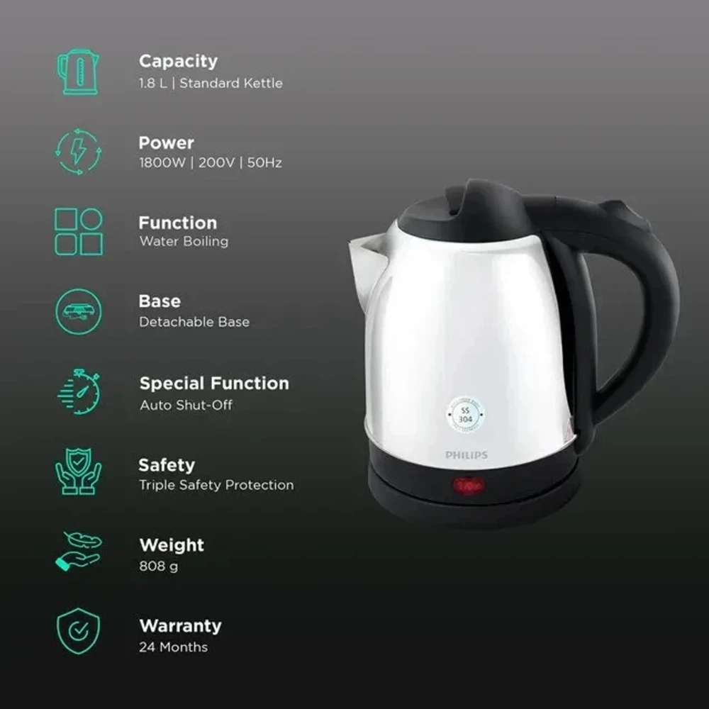 Philips HD9383/00 1.8L Electric Kettle 1800W Stainless Steel Body with Auto Cut-Off & Dry Boil Protection – (Black)