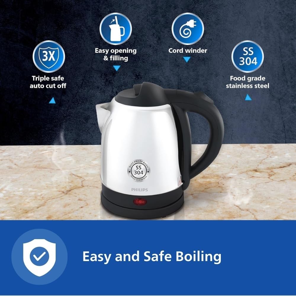 Philips HD9373/00 1.5L Electric Kettle with 25% Thicker Body and a Triple Safe Auto Cut-Off , Fast Boiling Kettle