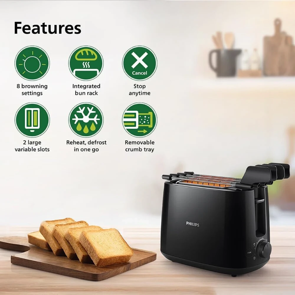 Philips HD2583/90 600W 2-Slice Pop-Up Toaster with Bun Warmer, 8 Browning Settings - (Black)