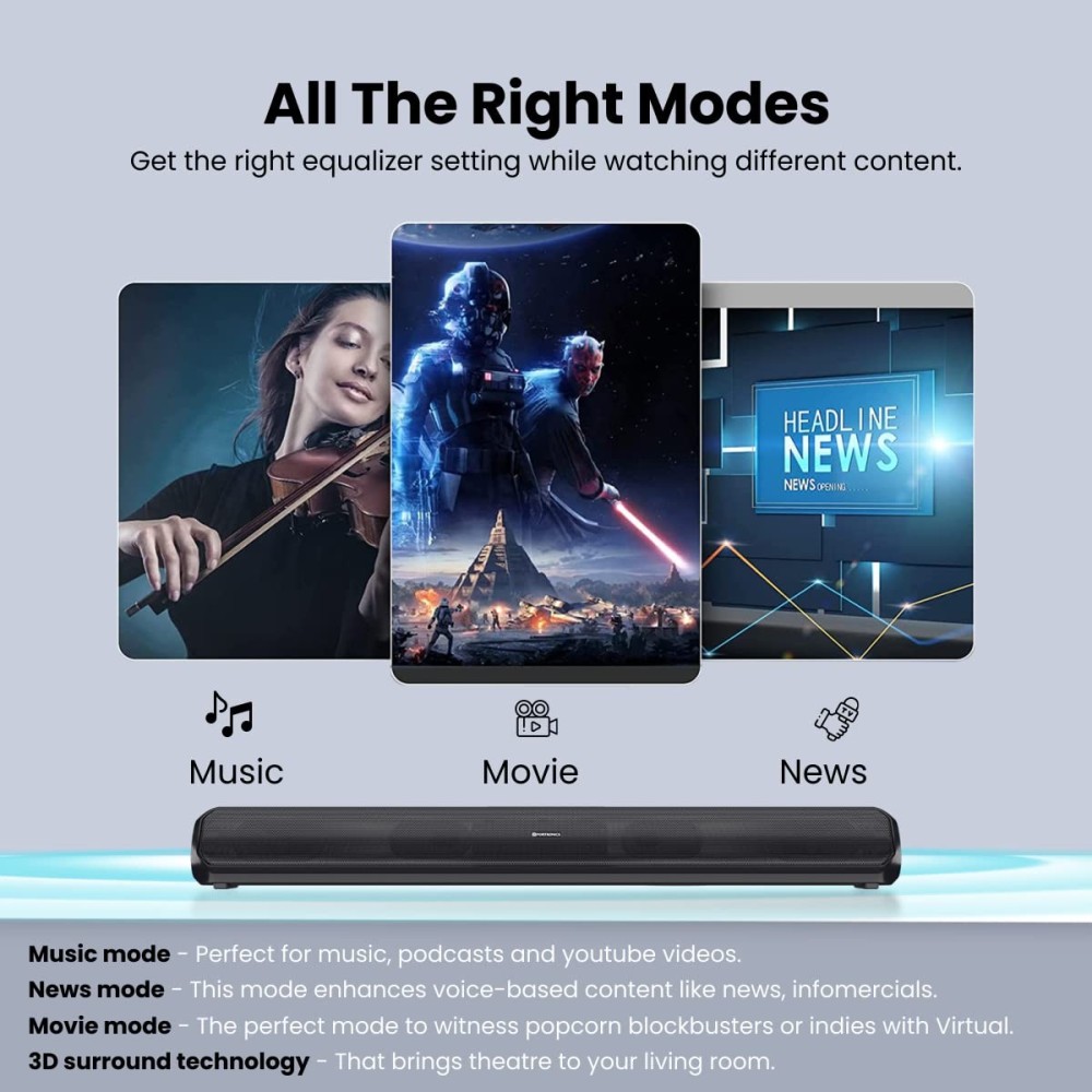Portronics Sound Slick 6 60W Bluetooth Wireless Soundbar with Multiple Audio Modes, 3.5mm Aux-in, in-Built Power Cable, Optical Input Port, Remote Control(Black)