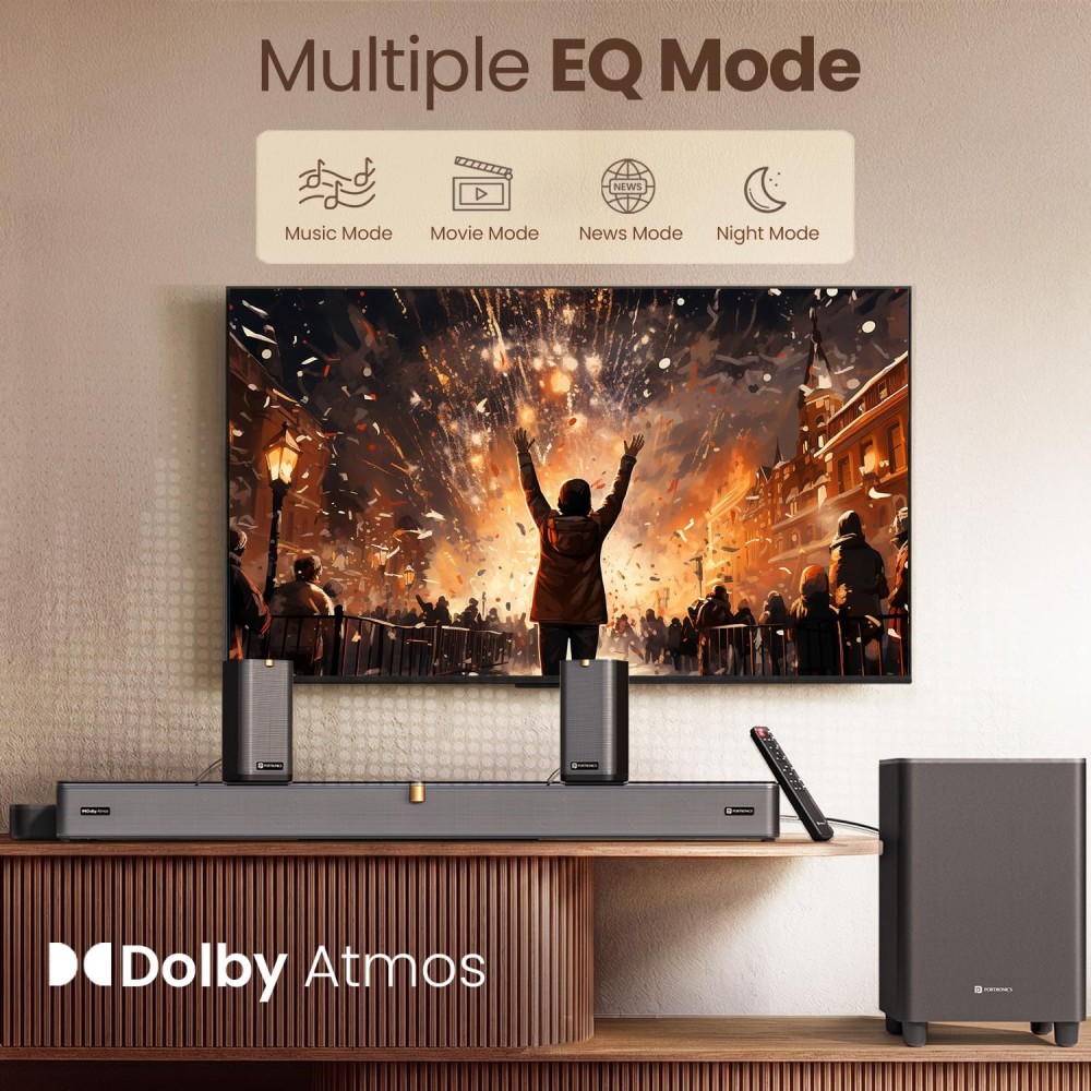 Portronics 600W Sound Slick X1 5.1.2 CH Dolby Atmos Soundbar Home Theatre with Wireless Satellite Speaker, Wired Subwoofer, Wide Comptability, HDMI ARC, Bluetooth & Optical Connectivity (Black)