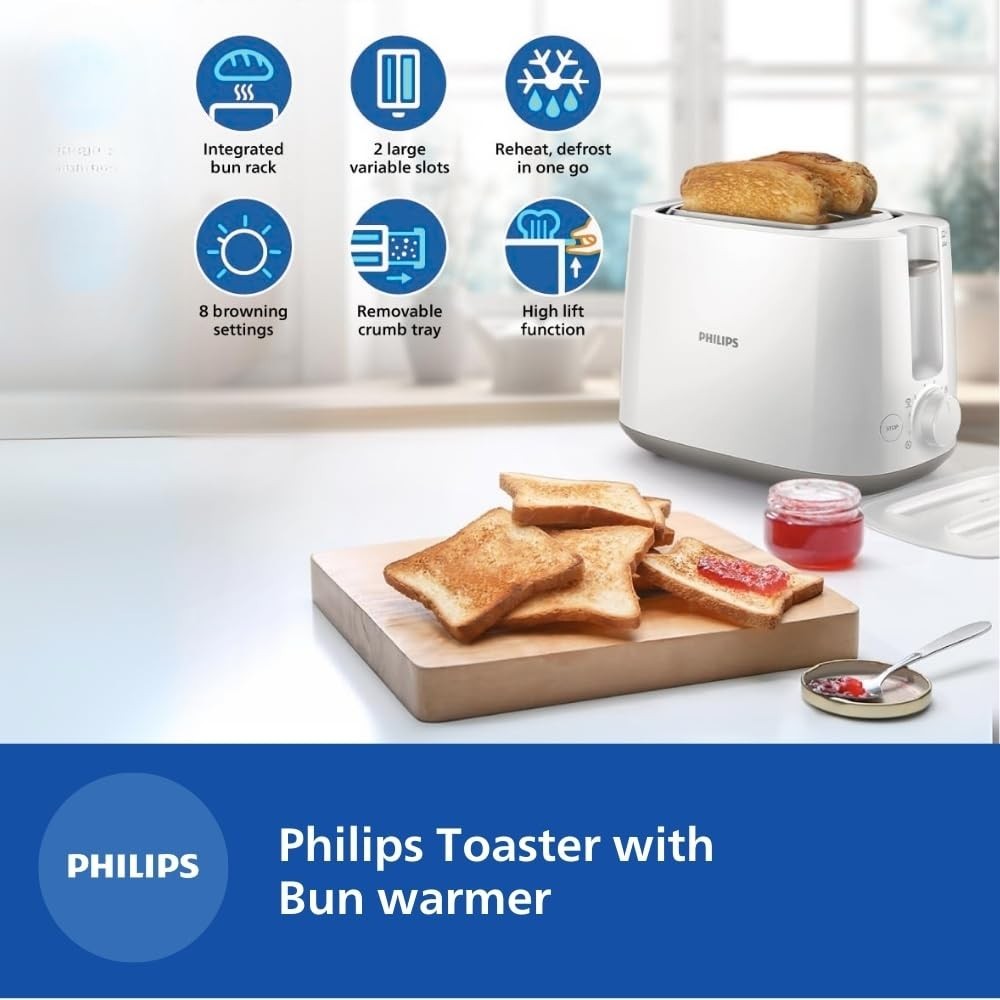 Philips HD2582/00 830W 2 Slice Pop-Up Toaster with Bun Warmer, 6 Browning Settings - (White)