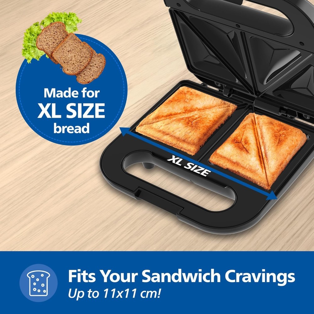 Philips HD3000/80 Sandwich Maker Toast , XL Non-Stick Plates , UHD Technology , Easy Lock - (Black Metallic Finish)