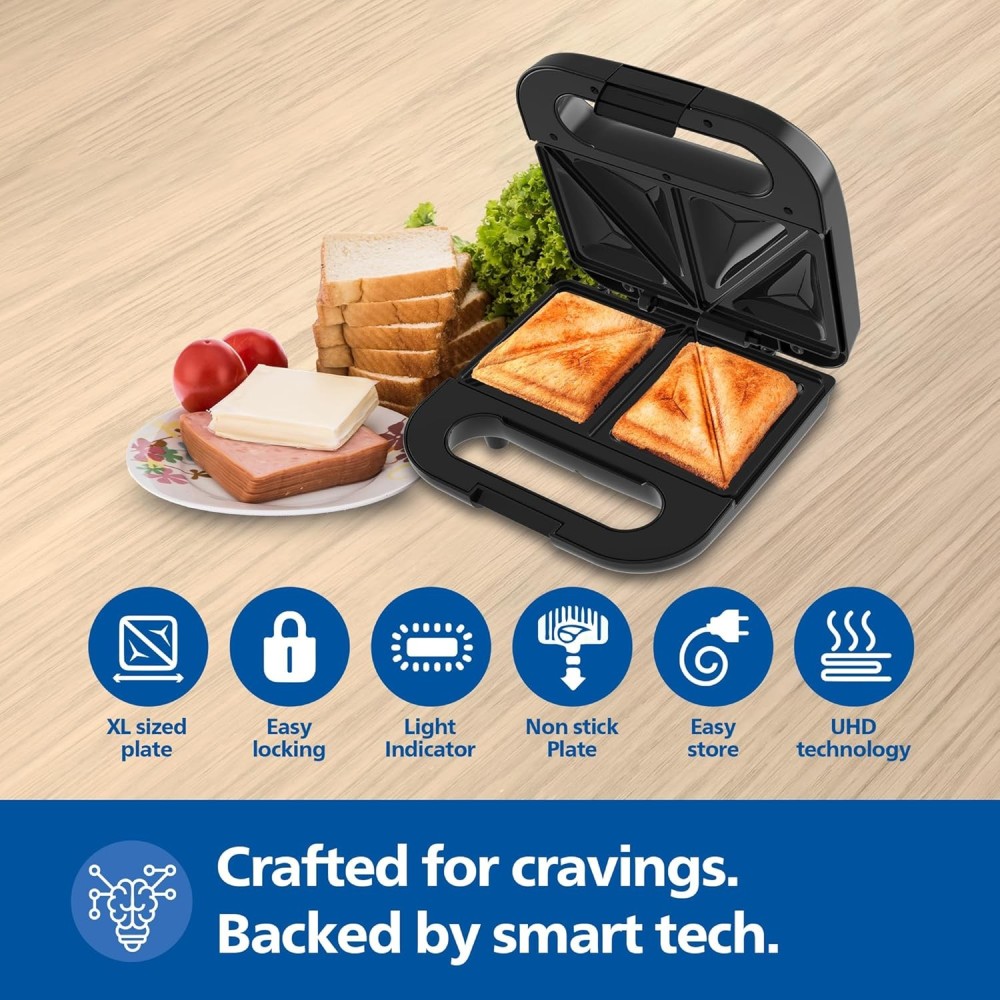 Philips HD3000/80 Sandwich Maker Toast , XL Non-Stick Plates , UHD Technology , Easy Lock - (Black Metallic Finish)