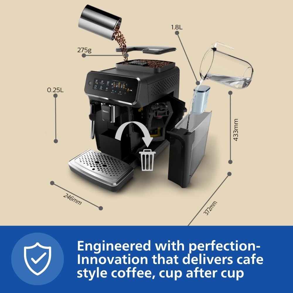 Philips Versuni EP3221/40 Fully Automatic Bean to Cup Espresso Coffee Machine with Milk Frother , Espresso, Black Coffee, Lungo & Americano