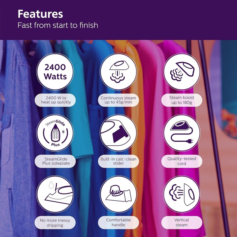 Philips DST5030/80 2400W Steam Iron with SteamGlide Plus Soleplate & 180g Steam Boost