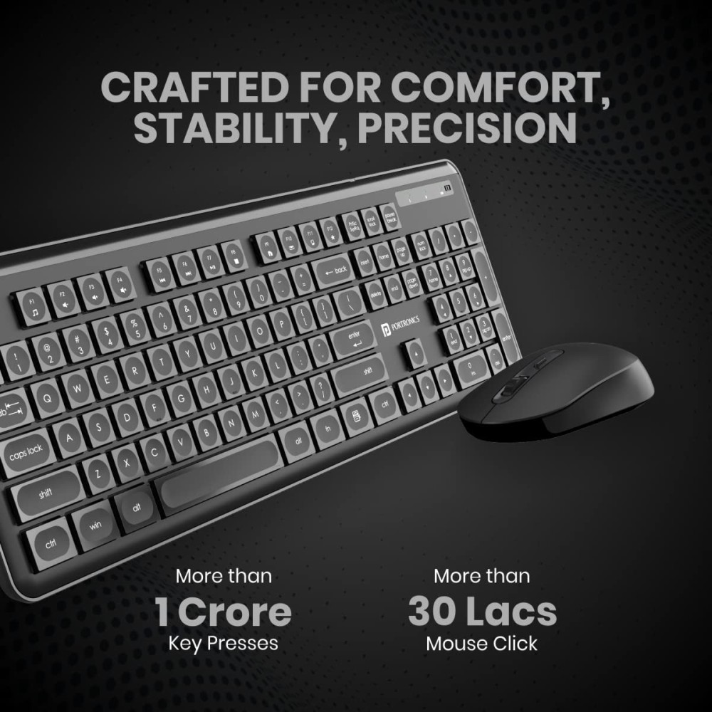 Portronics Key4 Combo 2.4GHz Wireless Keyboard & Mouse Set with Noiseless Keys, Multimedia Shortcut Keys, Ergonomic Design - (Black)