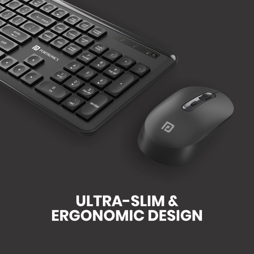 Portronics Key4 Combo 2.4GHz Wireless Keyboard & Mouse Set with Noiseless Keys, Multimedia Shortcut Keys, Ergonomic Design - (Black)