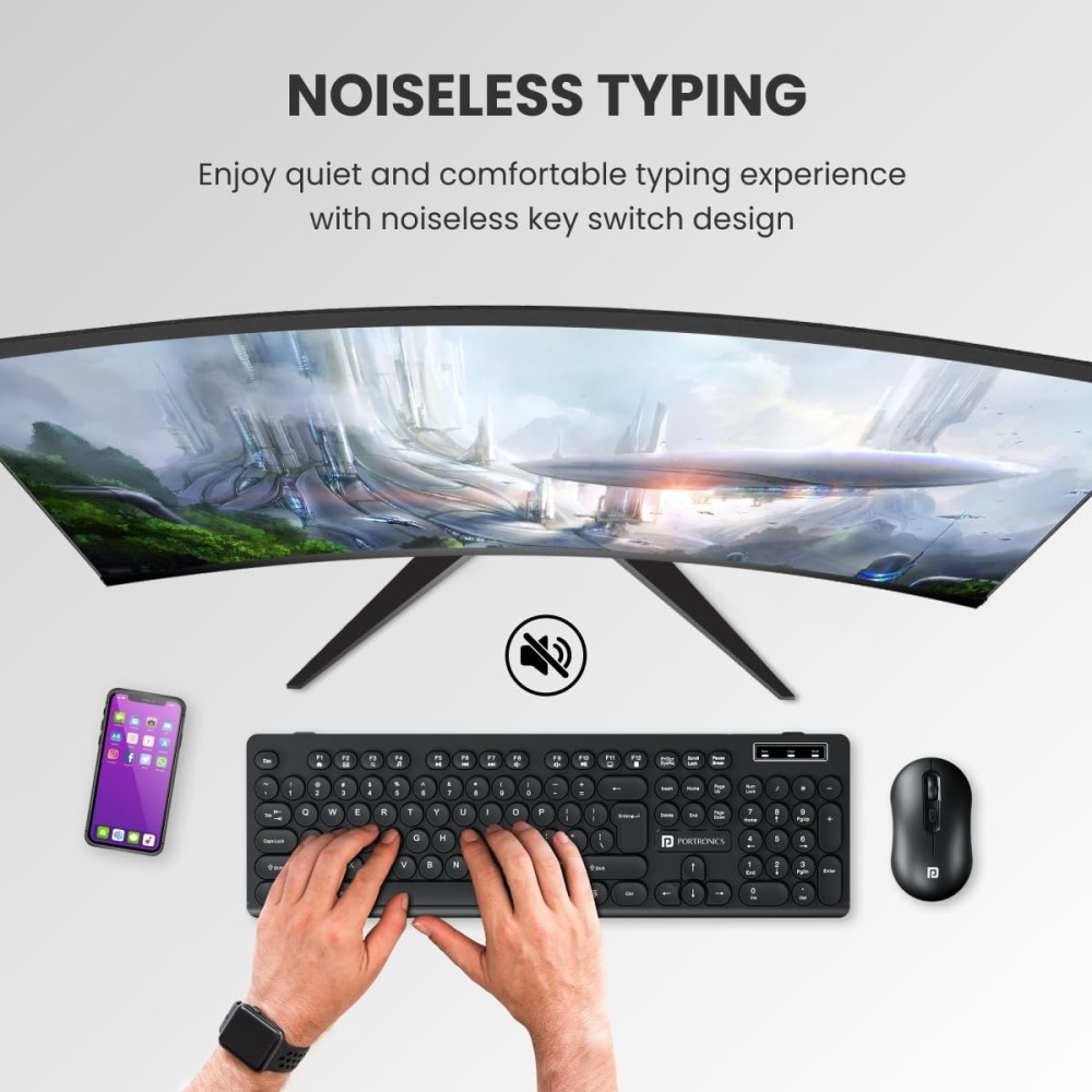 Portronics Key6 Combo Wireless Keyboard & Mouse Set 2.4GHz USB Receiver with Silent Keys, 1600 DPI, Spill Resistant - (Black)