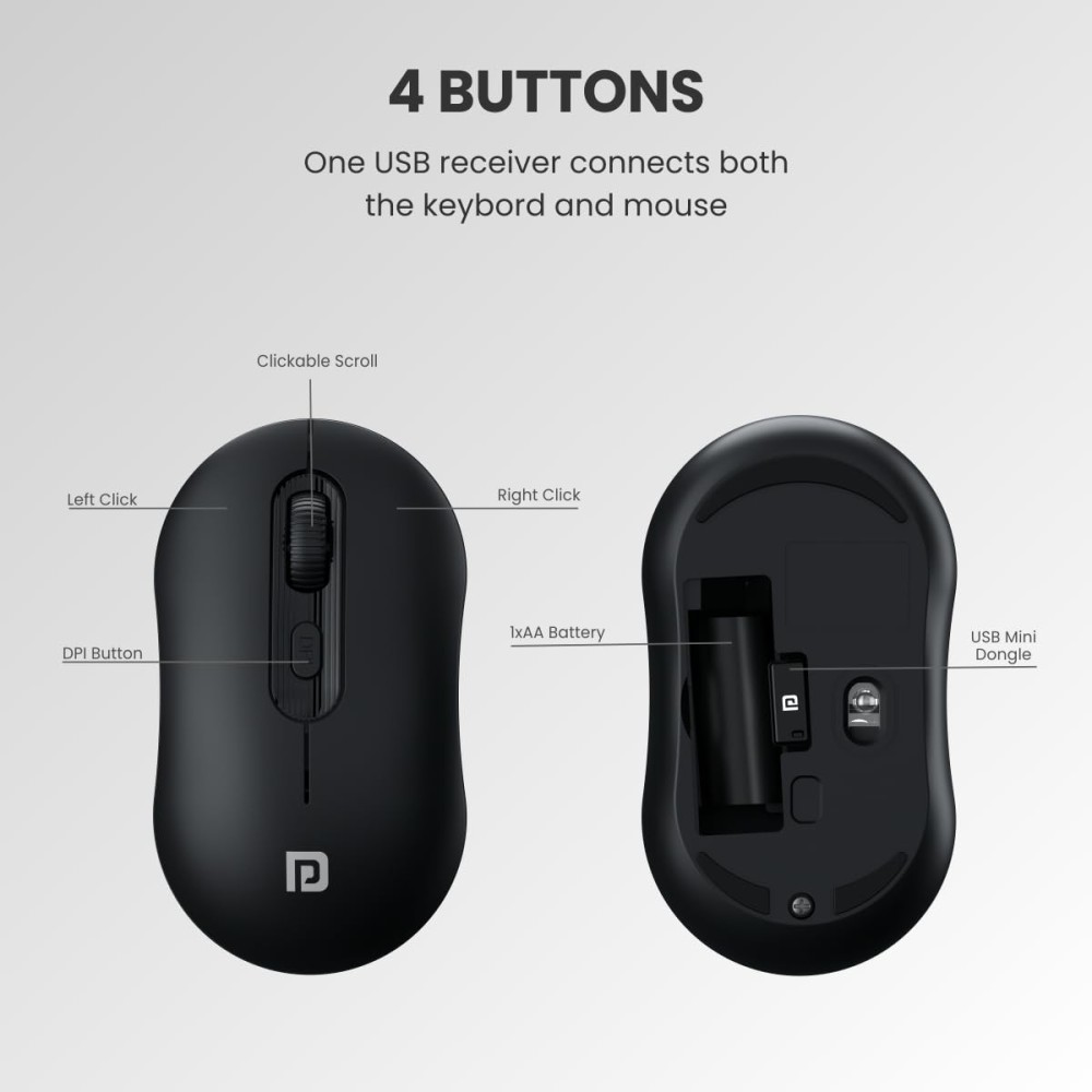 Portronics Key6 Combo Wireless Keyboard & Mouse Set 2.4GHz USB Receiver with Silent Keys, 1600 DPI, Spill Resistant - (Black)