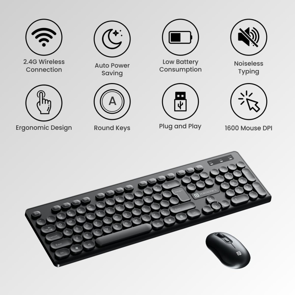 Portronics Key6 Combo Wireless Keyboard & Mouse Set 2.4GHz USB Receiver with Silent Keys, 1600 DPI, Spill Resistant - (Black)