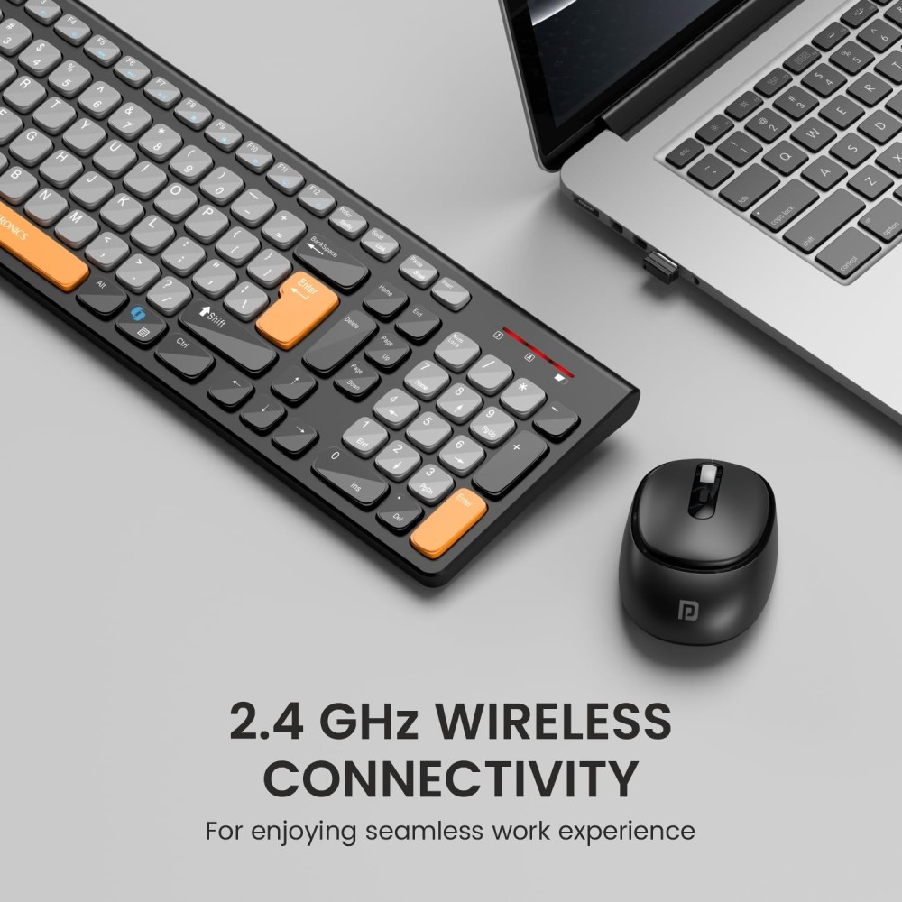 Portronics Key7 Combo Wireless Keyboard & Mouse with Copilot AI, 2.4GHz USB Receiver, 12 Shortcut Keys, 1600 DPI - (Grey & Orange)